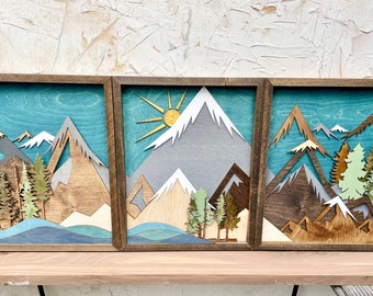 Triptych Mountain Wood Art: Framed 3D Landscape Wall Decor