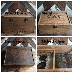 May include: Four wooden boxes with different engraving styles. The first box has the words "Wood burn." and "WILDER" engraved on it. The second box has the words "Metal." and "CAV" engraved on it. The third box has the words "Engraving." and a world map engraved on it. The fourth box has the words "Etched glass." and the text "It Takes a Big Heart to Hold a Little Hand Happy Fathers Day 2017 Haley, Gavyn, Ella" etched on the glass.