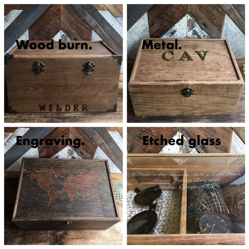 May include: Four wooden boxes with different engraving styles. The first box has the words "Wood burn." and "WILDER" engraved on it. The second box has the words "Metal." and "CAV" engraved on it. The third box has the words "Engraving." and a world map engraved on it. The fourth box has the words "Etched glass." and the text "It Takes a Big Heart to Hold a Little Hand Happy Fathers Day 2017 Haley, Gavyn, Ella" etched on the glass.