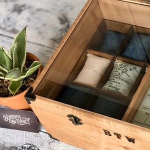 Puede incluir: Una caja de madera con tapa de vidrio, dividida en compartimentos. La caja contiene peque&ntilde;as bolsas de tela con las palabras "Te amo para siempre y siempre" y un mapa de Jap&oacute;n. La caja tiene las palabras "BTW" y "VIVIX" grabadas en la parte delantera.