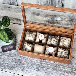 Watch Box / Glass Top / Watch Case / Compartments / Watch Storage / Map / Watch / Organizer / Wood / Watch Display / Maple / Cherry