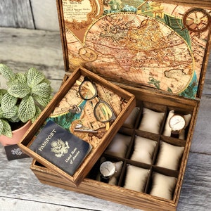 Watch Box / 15 Watch / Compartments / Watch Organizer / Large / Valet Tray / Jewelry Box / Watch Case / Wood / Maple / Cherry / Oak / Map