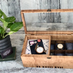 Watch Box / 8 Watch / Compartments / Glass Top / Valet Tray / Watch Organizer / Large / Watch Case  / Watch Storage / Jewelry Box / Wood