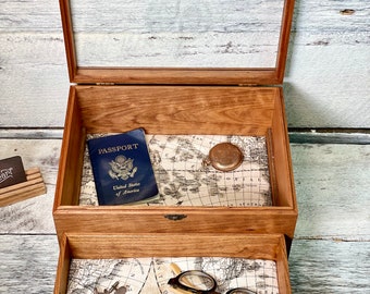 Glass Top Keepsake Box: Two-Level Wood Valet Tray