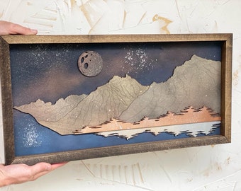 Moon Dust - wood art - wood artwork - mountain art - moon art - mountain scene - modern art - / Gifts