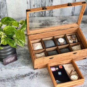 Watch Box / 8 Watch / Compartments / Glass Top / Valet Tray / Watch Organizer / Large / Watch Case  / Watch Storage / Jewelry Box / Wood