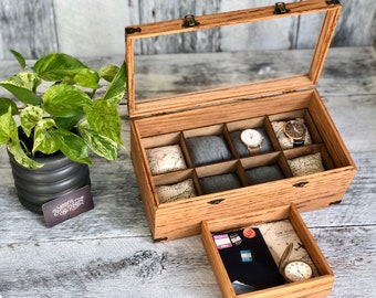 Glass Top Watch Box: Handmade Wood Organizer with Valet Tray