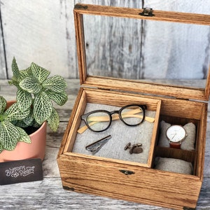 Maple Wood Watch Box: Glass Top, 6 Compartments & Valet Tray