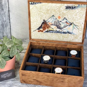 Watch Box / Compartments / Watch Organizer / Wood / Watch Case / Anniversary / Watch Storage / Maple / Cherry / Compartment Box / Mountain
