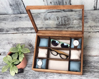 Watch Box / Sunglasses / Case / Watch / Wood / Storage / Glass Top / Glasses / Maple / Cherry / Display / Organizer / Etched Glass / Cotton