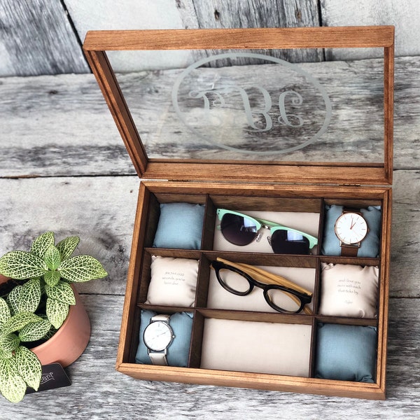 Watch Box / Sunglasses / Case / Watch / Wood / Storage / Glass Top / Glasses / Maple / Cherry / Display / Organizer / Etched Glass / Cotton