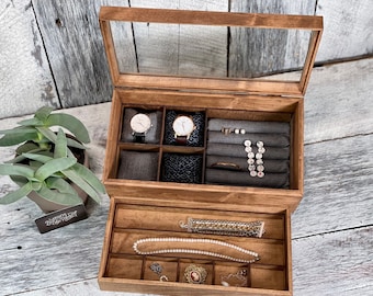 Watch Storage / Watch Case / Jewelry Box / 4 Watch / Compartments / Bracelet / Earring / Necklace / Valet Tray / Watch Display / Glass Top