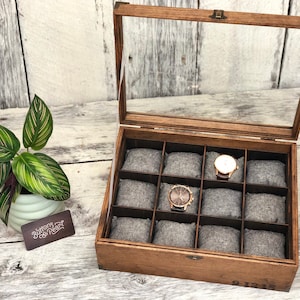 Watch Box / Glass Top / Watch Case / Compartments / Watch Storage / Linen / Watch / Organizer / Wood / Watch Display / Maple / Cherry