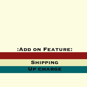 May include: Cream-colored background with the text ":ADD ON FEATURE:" in black. Below, three horizontal stripes in red, cream, and teal, with the words "SHIPPING" and "UP CHARGE" in black.