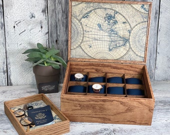 Handmade Wooden Watch Box: 12 Compartment Organizer with Valet Tray