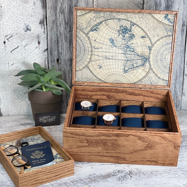 Handmade Wooden Watch Box: 12 Compartment Organizer with Valet Tray