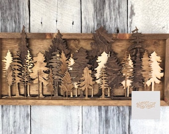 3D Forest Art: Layered Wood Tree Shelf Decor (25x9)