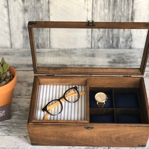 Watch Box / 8 Watch / Compartments / Glass Top / Valet Tray / Watch Organizer / Large / Watch Case  / Watch Storage / Jewelry Box / Wood