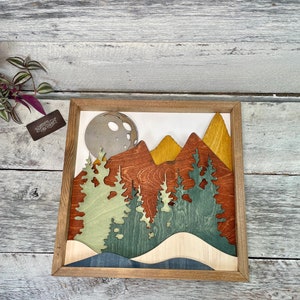 3D Mountain Wood Art: Boho Nursery Decor, Silver Moon