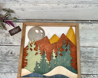 Mountain Art / Wood Art / Reclaimed Wood Art / Nursery Decor / Gallery Wall / Mothers Day Gift / Mountain / Wood Wall Hanging / Boho / Moon