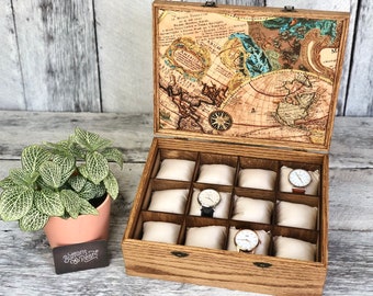 Handmade Wooden Watch Box: Maple, Cherry, or Oak - Map Design