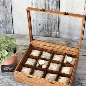 Watch Box / Glass Top / Watch Case / Compartments / Watch Storage / Map / Watch / Organizer / Wood / Watch Display / Maple / Cherry