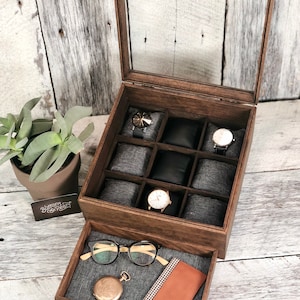 Sale / Watch Box / 9 Watch / Compartments / Valet Tray / Watch Organizer / Watch Case / Watch Storage / Jewelry Box / Linen / Glass Top