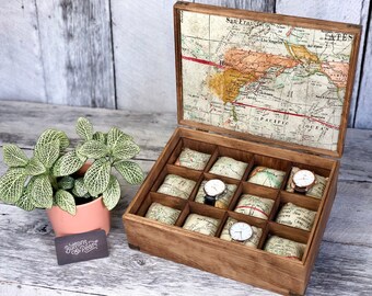 Wood Watch Box Organizer: Maple, Cherry, or Oak - World Map Fabric