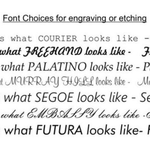 May include: Image showcasing font choices for engraving or etching. The text displays examples of Courier, Freehand, Palatino, Murray Hill, Segoe, Embassy, and Futura fonts, demonstrating their appearance.