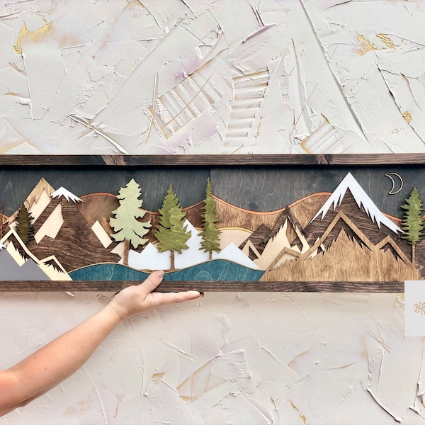 Reclaimed Wood Mountain Wall Art: Sunset Moon Scape Decor