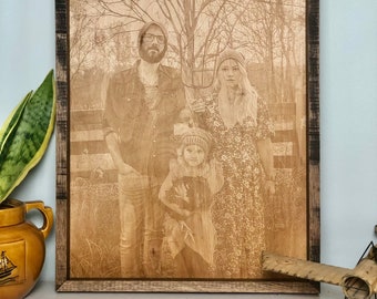 Framed Wood Photo / engraved photo on wood / custom wood photo / Fathers Day Gift / wood portrait / picture on wood / Wood Photo