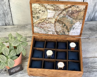 Watch Box / Compartments / Watch Organizer / Wood / Watch Case / Anniversary / Watch Storage / Maple / Cherry / Compartment Box / Map