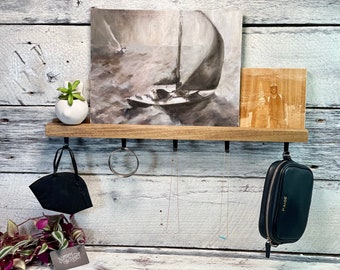 Entryway Shelf with Photo Ledge & Black Hooks