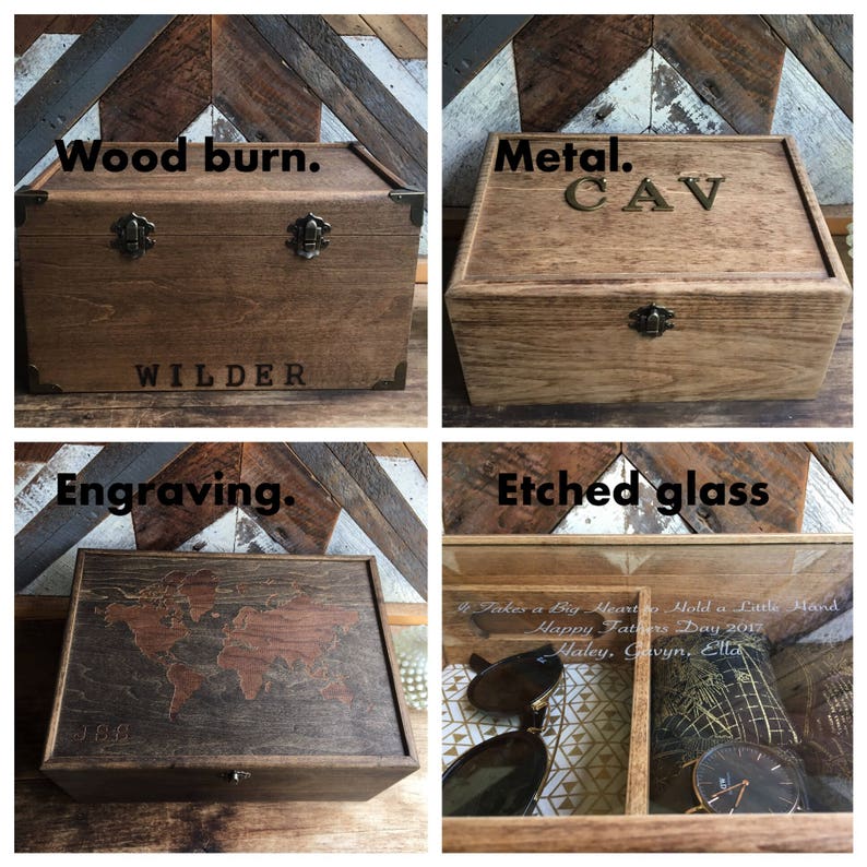 May include: Four wooden boxes with different designs. One box has the word "WILDER" on it. Another box has the letters "CAV". One box has a world map engraved on it. The last box has etched glass with text.