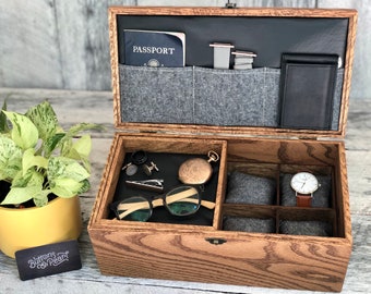 Handmade Wood Watch Box: 8 Compartments, Valet Tray & Pockets