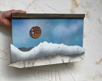 The mountains or the sea - wood art - wood wall art - ocean art - wave art - mountain art - moon art