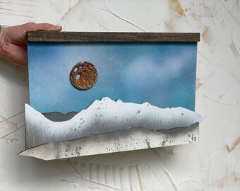 Wood Mountain & Moon Wall Art: Unique Ocean Wave Decor