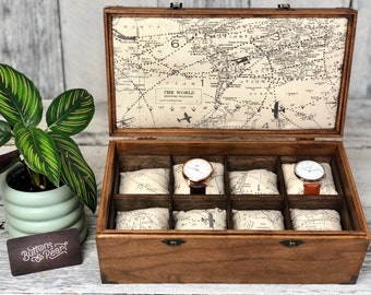 Handmade Maple Watch Box: Compartment Organizer with Map Lining