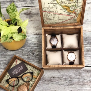 Sale / Watch Box / 4 Watch / Compartments / Valet Tray / Watch Organizer / Square / Watch Case / Watch Storage / Jewelry Box / Wood