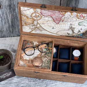 Watch Box / 10 Watch / Compartments / Watch Organizer / Watch Storage / Valet Tray / Jewelry Box / Wood / Maple / Cherry / Map / Watch Case