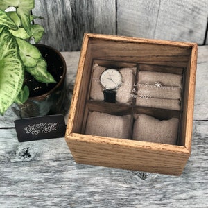 Sale / Watch Box / 4 Watch / Compartments / Watch Organizer / Square / Watch Case / Watch Storage / Jewelry Box / Wood / Linen / Cotton