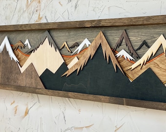 3D Wood Mountain Wall Art: Layered Sunset Scape