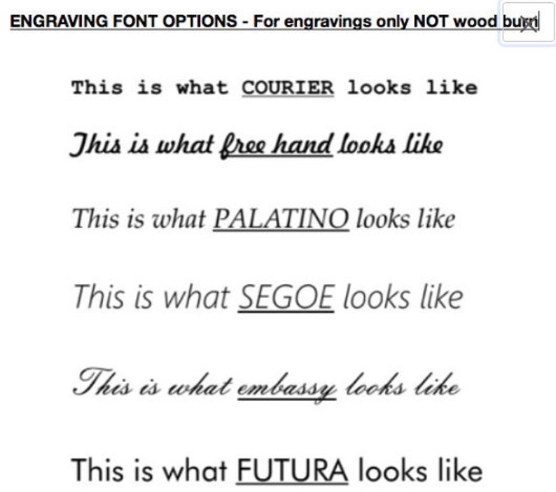 May include: A list of different font options for engraving, including Courier, free hand, Palatino, Segoe, embassy, and Futura.