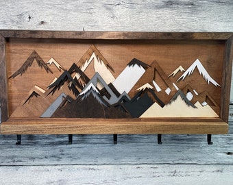 Mountain Wood Art - Coat Rack - Hanging Coat Rack - Jewelry Holder - Coffee Cup Hooks - Mountain Shelf - Mountain Decor