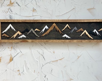 3D Mountain Wood Art: Layered Peaks, Framed Wall Decor (24x5)