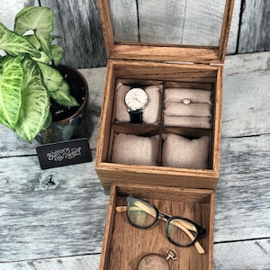 Sale / Watch Box / 4 Watch / Compartments / Valet Tray / Watch Organizer / Square / Watch Case / Watch Storage / Jewelry Box / Wood