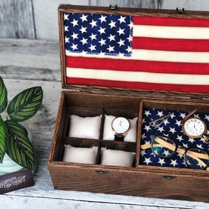 Watch Box / 8 Watch / Compartments / Valet Tray  / Watch Organizer / Jewelry /  Watch Case / Watch Storage / Wood / Maple / Cherry / Flag