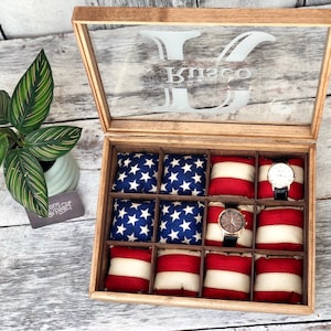 Watch Box / Glass Top / Watch Case / Compartments / Watch Storage / American Flag / Organizer / Wood / Watch Display / Maple / Cherry