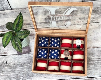 Watch Box / Glass Top / Watch Case / Compartments / Watch Storage / American Flag / Organizer / Wood / Watch Display / Maple / Cherry