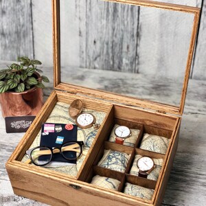 Watch Box / Glass Top / 12 Watch / Compartments / Watch Organizer / Valet Tray / Valet Box / Wood / Maple / Cherry / Oak / Linen / Map